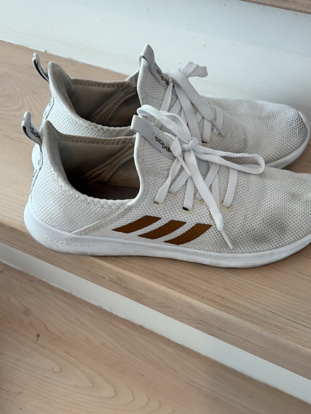 Adidas Women’s Cloudfoam Lace-Up Sneakers in White with Brown Stripes